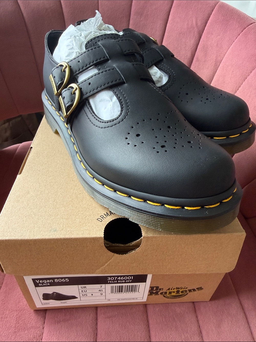 Dr. Martens Black Double Monk Strap Felix Shoes with Yellow Stitching
